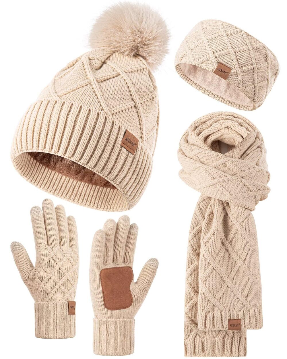 9161 Winter Hat Gloves Scarf Headband Set, Pom Pom Beanie with Fleece Lined